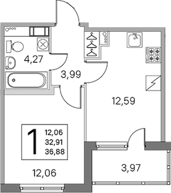 1-комнатная квартира 32.91 м², 3/5 эт., ЖК «ЮгТаун. Олимпийские кварталы»